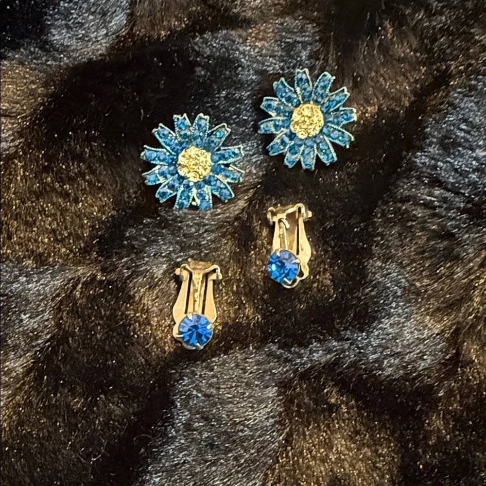2 Dazzling Blue and Silver Tone Floral Rhinestone Earrings - Picture 1 of 7